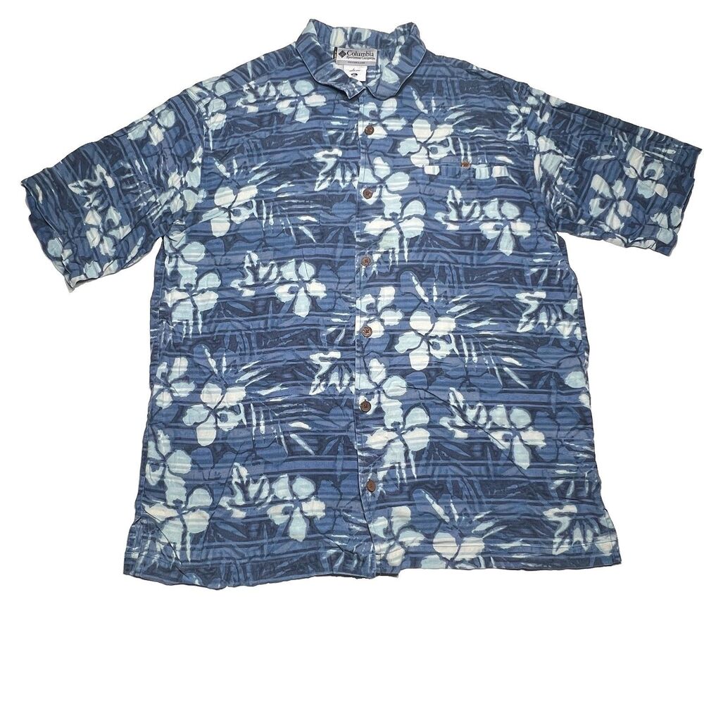 Columbia GRT Hawaiian men Button Up shirt XL silk blue floral leaf pocket